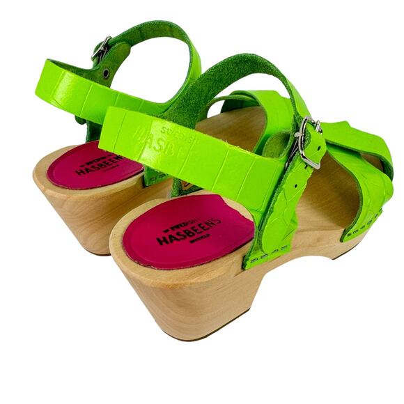 Swedish Hasbeens NWOB Mirja Neon Green Croc Print Leather Wood Heel Sandals - Picture 9 of 11